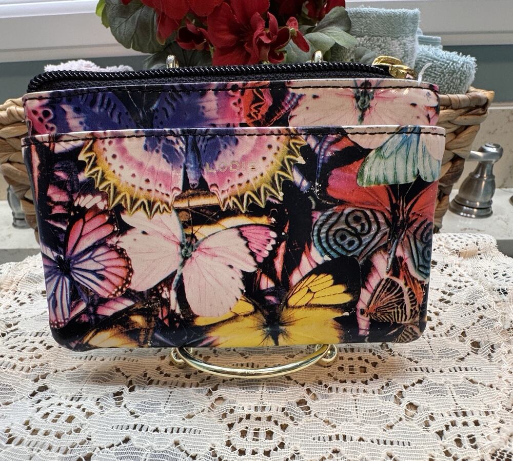 Lodis Leather Coin Pouch Wallet Purple Yellow Butterfly Floral Zip Top